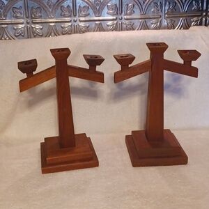 Vintage handcrafted hardwood candle holders set of 2